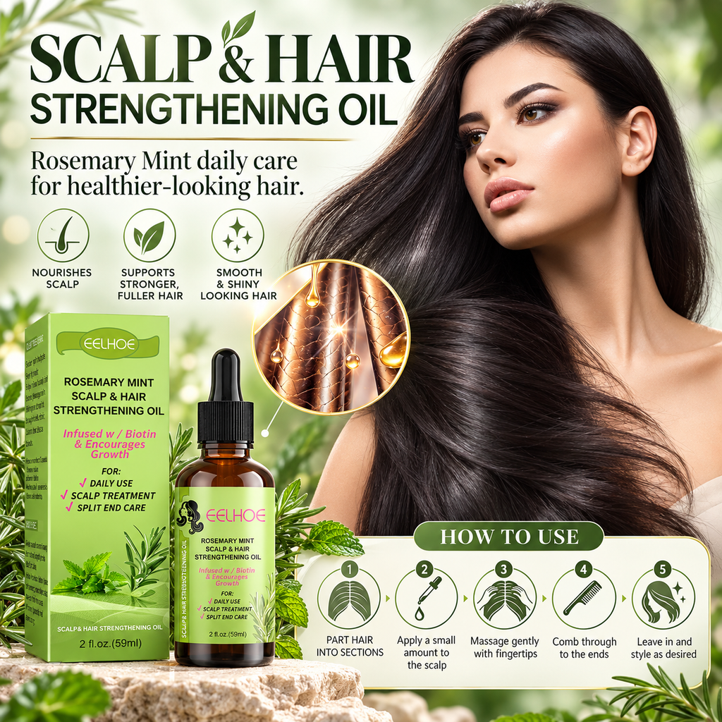 A promotional graphic for Scalp & Hair Strengthening Oil. The left side features the product packaging (a green box and an amber dropper bottle) alongside informational icons and a 'How to Use' diagram.