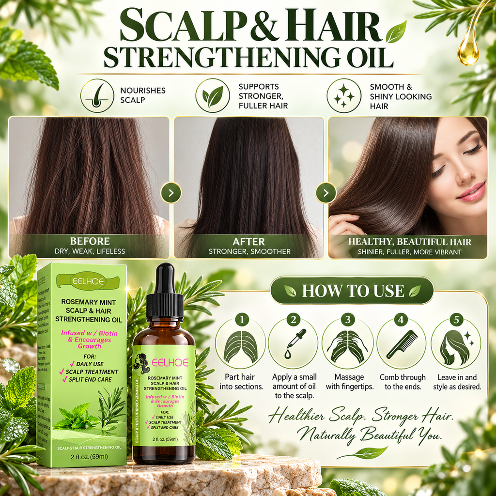Promotional graphic for Scalp & Hair Strengthening Oil, showing before-and-after hair results on a woman, a bottle and box of the oil, and a step-by-step usage diagram with leafy green decorative elements.