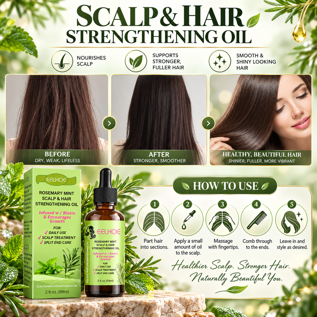 Promotional graphic for Scalp & Hair Strengthening Oil, showing before-and-after hair results on a woman, a bottle and box of the oil, and a step-by-step usage diagram with leafy green decorative elements.