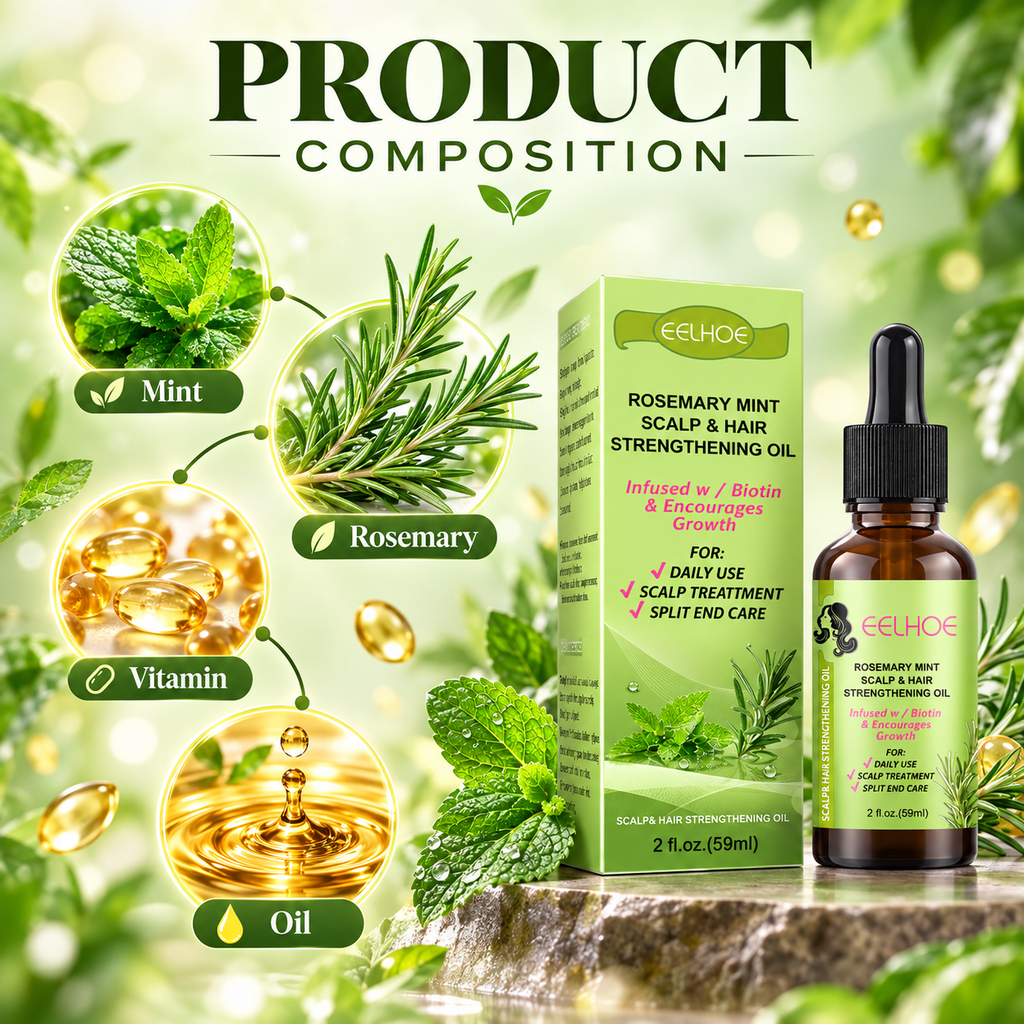 Rosemary Mint Scalp & Hair Strengthening Oil shown with its green box and dropper bottle on a stone surface, surrounded by ingredient callouts for mint, rosemary, vitamin, and oil, under a 'PRODUCT COMPOSITION' heading.
