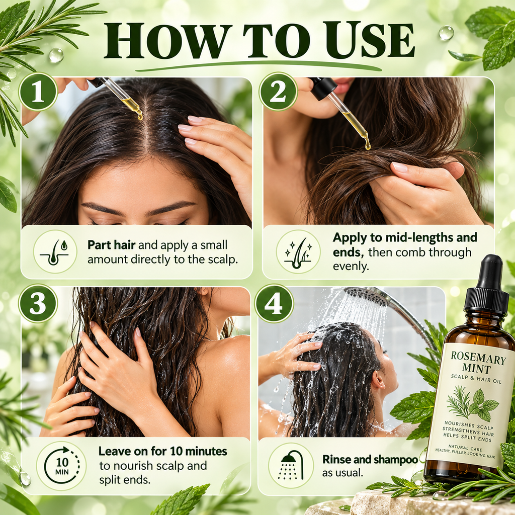 A four-step 'HOW TO USE' infographic for Rosemary Mint Scalp & Hair Oil, showing a woman applying the oil, combing through it, leaving it on for 10 minutes, and rinsing with water. The image features a bottle of the oil in the bottom right corner and is set against a light green leafy background.