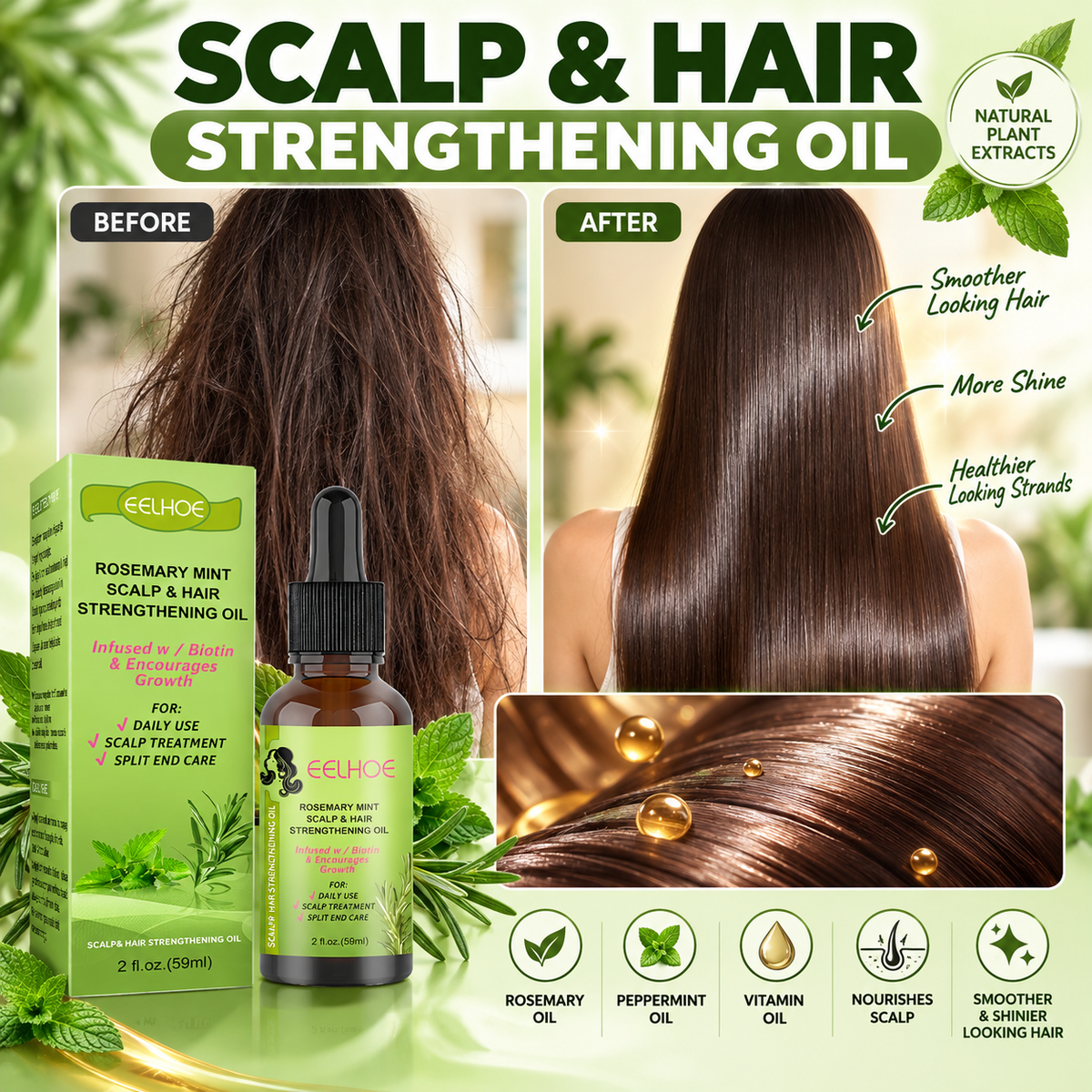 Scalp & Hair Strengthening Oil advertisement showing a green product box and dropper bottle alongside before-and-after hair results on a model, with feature icons for rosemary oil, peppermint oil, vitamin oil, and nourishing scalp.
