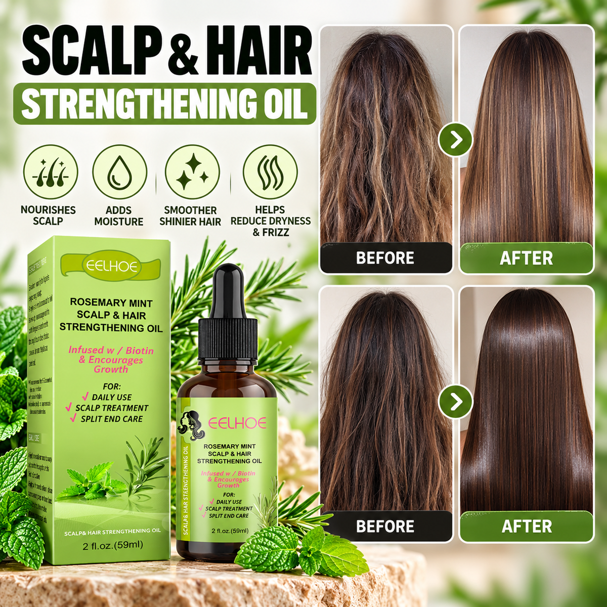 Scalp & Hair Strengthening Oil bottle and box shown with before-and-after hair growth results on a styled background with pine branches and rocks.
