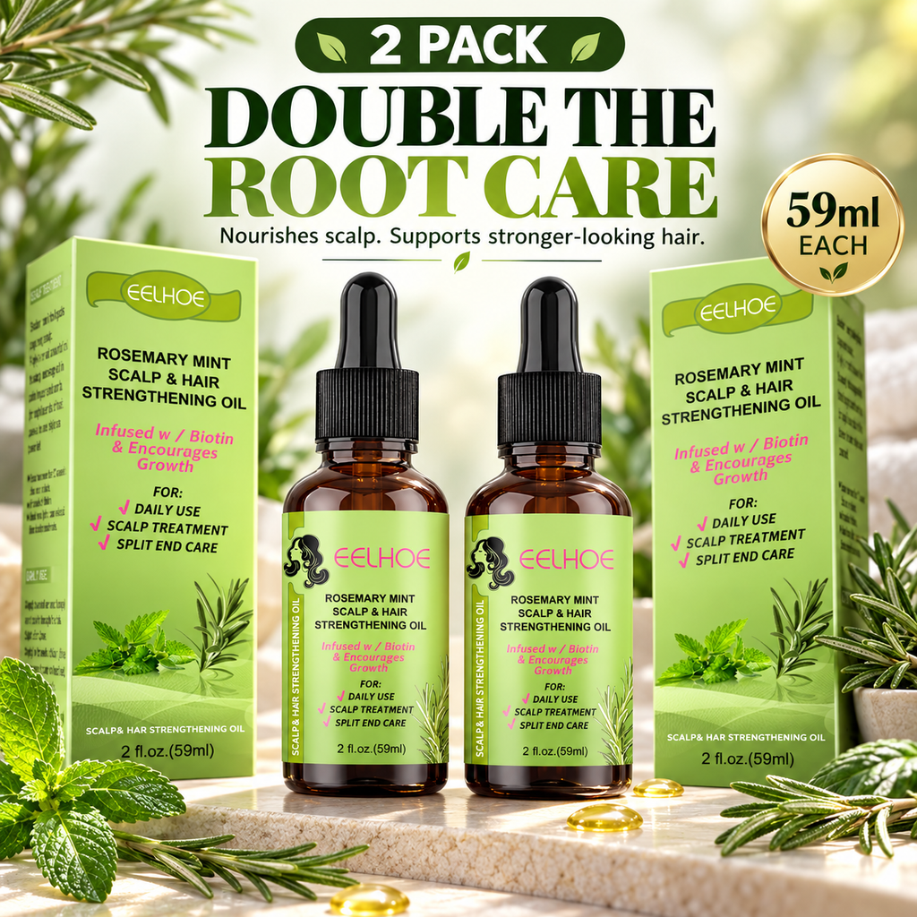 Two amber dropper bottles of Rosemary Mint Scalp & Hair Strengthening Oil with matching green boxes, displayed on a stone surface with mint leaves and gold capsules around them. Large text at the top reads '2 PACK DOUBLE THE ROOT CARE' and a gold badge says '59ml EACH'.