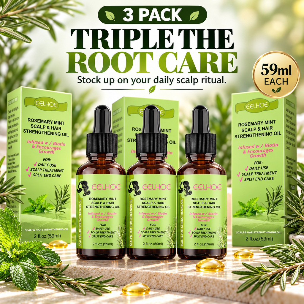 Three bottles of Rosemary Mint Scalp & Hair Strengthening Oil with matching green boxes, arranged on a stone surface with oil capsules and botanical elements. Large promotional text at the top reads '3 PACK TRIPLE THE ROOT CARE' and a gold badge says '59ml EACH'.