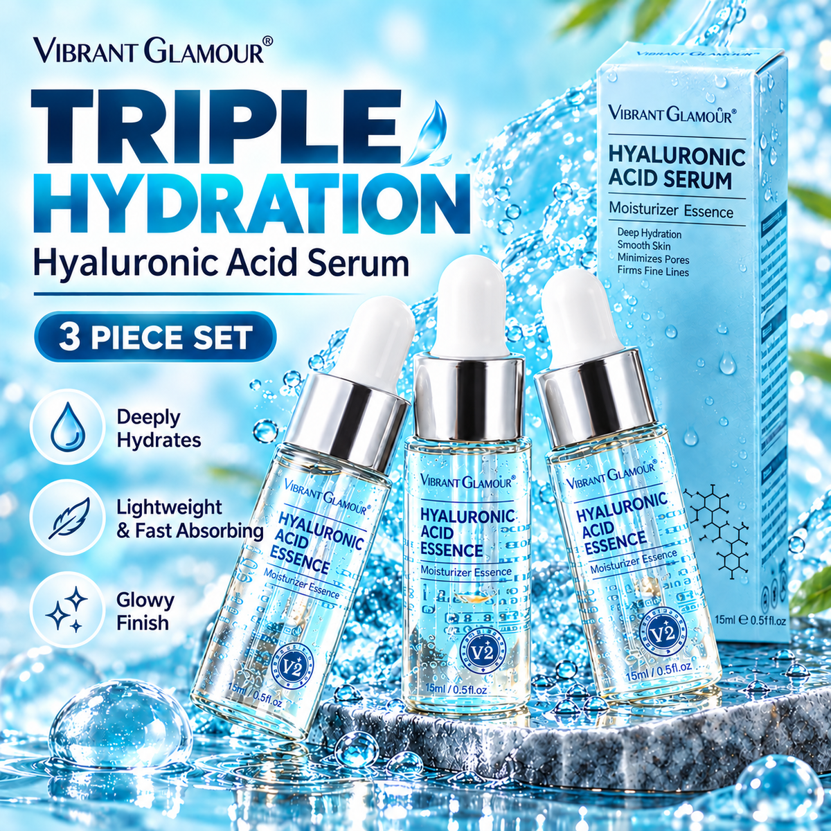 Vibrant Glamour Triple Hydration Hyaluronic Acid Serum set, featuring three 15ml dropper bottles and their matching blue packaging box, presented on a stylized icy water splash background with promotional text.
