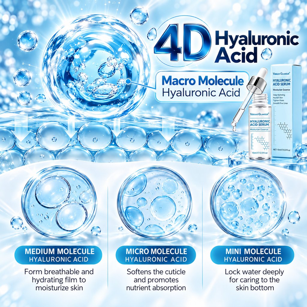 Promotional graphic for a 4D Hyaluronic Acid serum, showing a dropper bottle and box on a bright icy blue background with large water droplets and three circular insets labeled medium, micro, and mini molecule hyaluronic acid benefits.