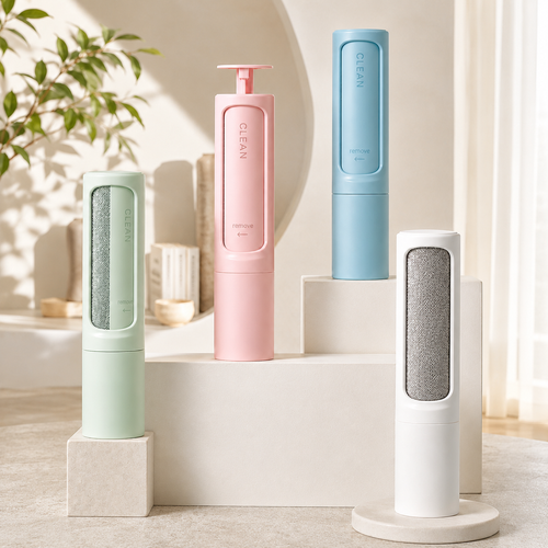Four devices in pastel shades of mint green, pink, light blue, and white, arranged on minimalist pedestals in a bright, modern interior setting.