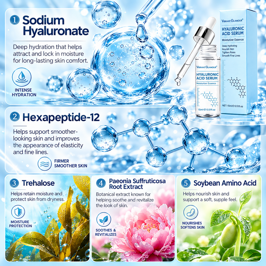 A promotional infographic for VisionDrugs Sodium Hyaluronic Acid Serum, featuring a white bottle with a dropper and its blue packaging box on the right. The left side has a light blue background with water droplets and text highlighting key ingredients: Sodium Hyaluronicate, Hexapeptide-12, Trehalose, Peaone Saffronricula Root Extract, and Soybean Amino Acid, each with corresponding illustrative graphics.