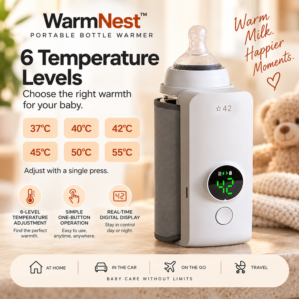 WarmNest portable bottle warmer shown with a baby bottle on a warm beige background, featuring product text, temperature level options, and a teddy bear prop.
