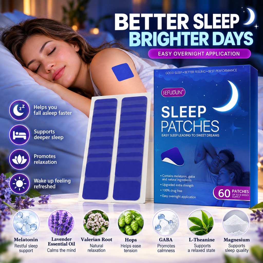 A promotional graphic for sleep patches showing a woman sleeping peacefully, a blue sleep patch applied to her back, and a box of Sleep Patches. The image includes marketing text, icons for benefits, and ingredient highlights.
