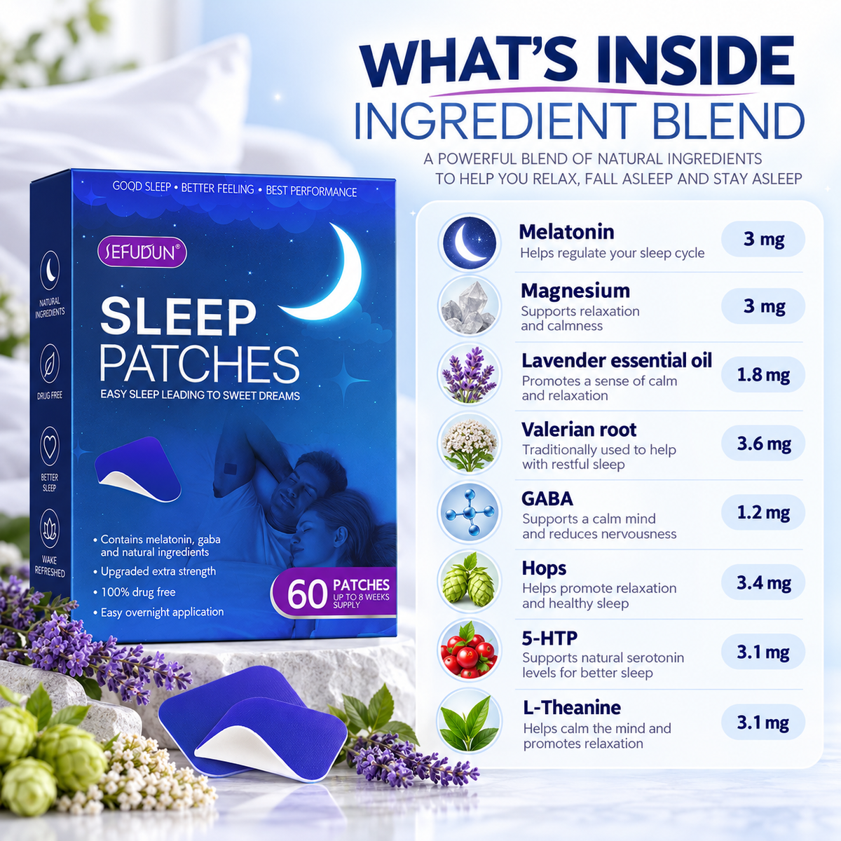 Sleep Patches product box shown alongside an ingredient blend infographic detailing the contents: melatonin, magnesium, lavender essential oil, valerian root, GABA, hops, 5-HTP, and L-Theanine, with blue and purple tones and a soft dreamy background.