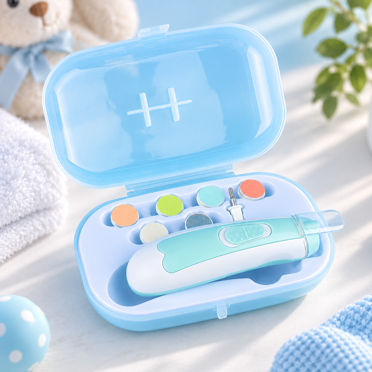 TinyTrim mint blue electric baby nail trimmer set with storage case and interchangeable filing attachments