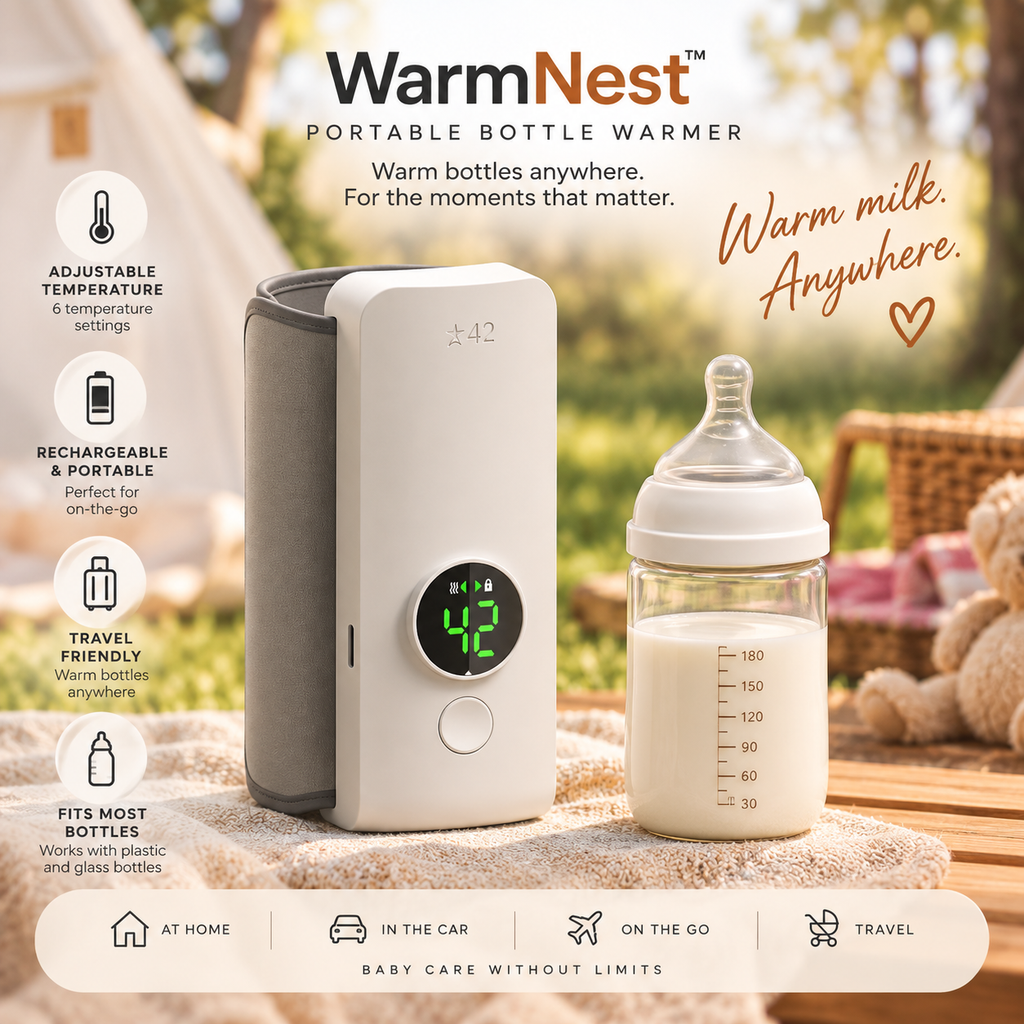 WarmNest portable bottle warmer shown with a baby bottle filled with milk, set outdoors on a blanket with a basket in the background. The device is white and gray with a digital temperature display, and the image includes feature callouts and marketing text.
