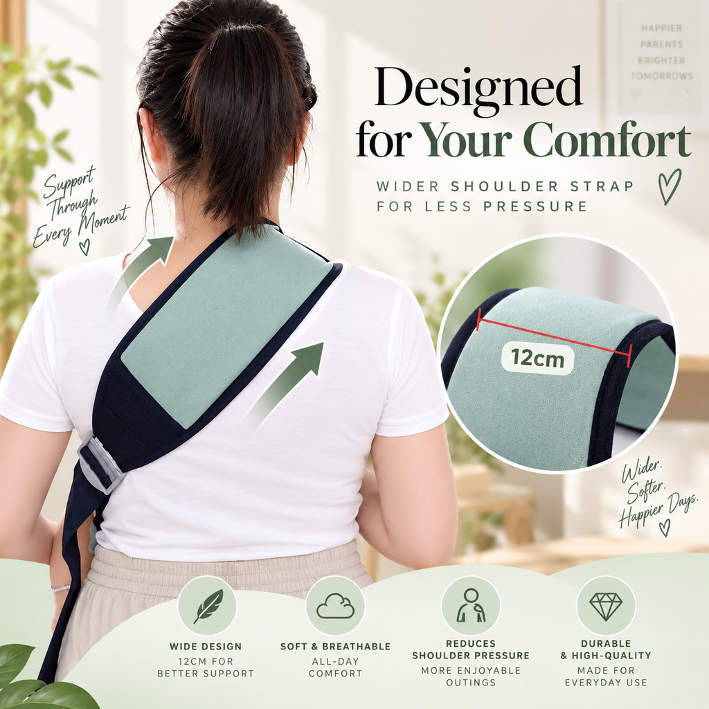 A woman shown from behind wearing a shoulder support brace with a wide strap across her upper back. The image includes marketing text, arrows, and a circular inset showing the 12 cm width of the support panel.