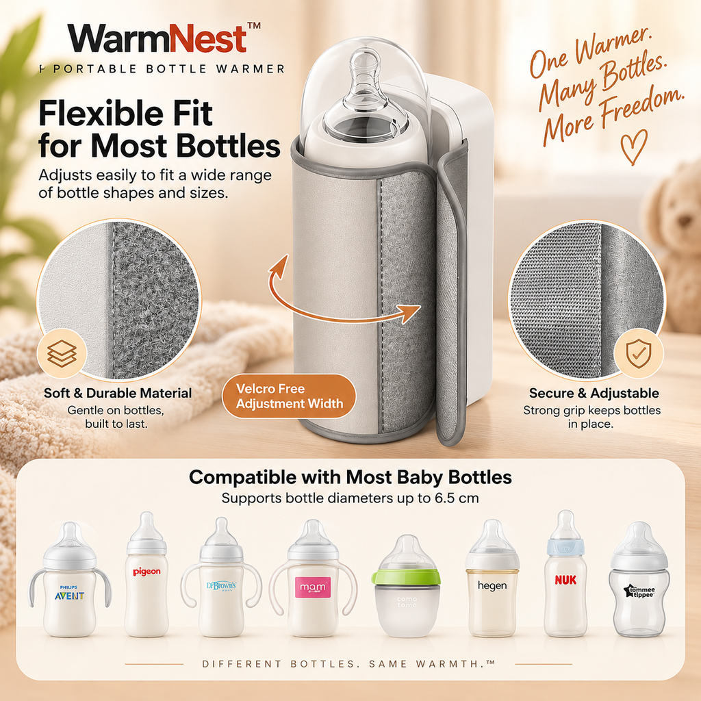 WarmNest flexible bottle warmer shown holding a baby bottle, with feature callouts, close-up texture circles, and a row of compatible bottle brands on a soft beige background.