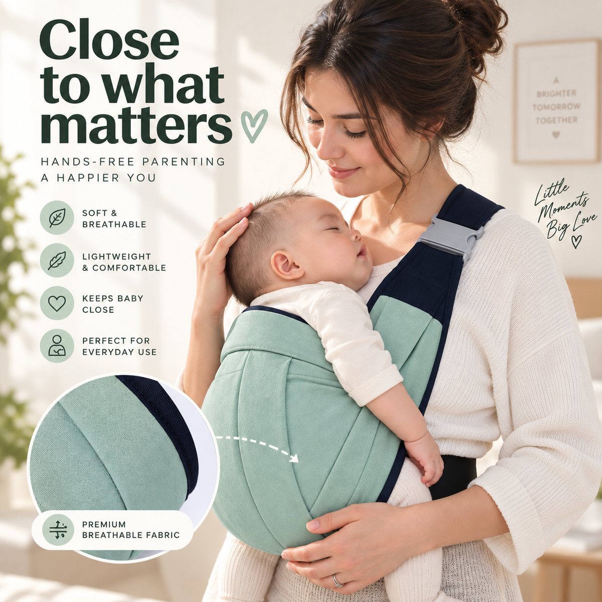 A woman wearing a mint green and navy baby carrier with a baby inside, set against a warm, softly lit home background. The image includes marketing text highlighting the carrier's soft, breathable, lightweight, and comfortable qualities.
