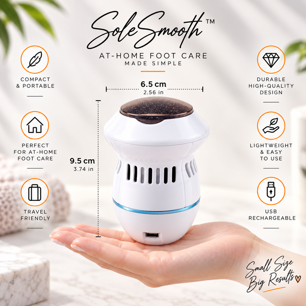 A white and dark brown SoleSmooth at-home foot care device resting on a person's hand, with measurement callouts showing 9.5 cm height and 6.