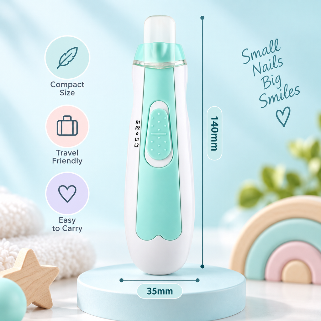 TinyTrim compact electric baby nail trimmer measuring 140mm by 35mm for home and travel
