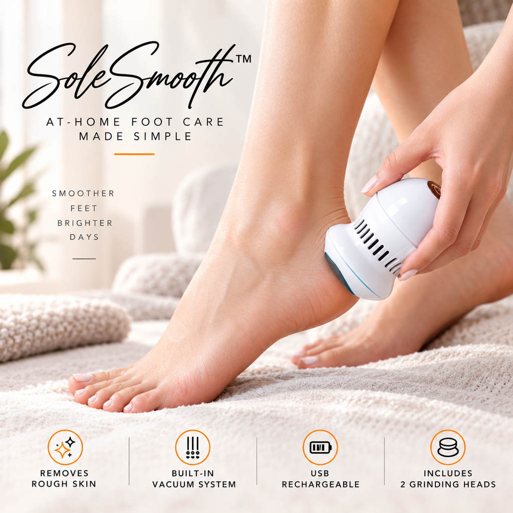 A person using a white SoleSmooth at-home foot care device on their foot, with promotional text and feature icons at the bottom on a soft beige blanket background.