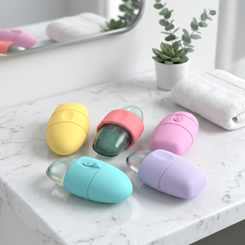 Four small capsule-shaped personal care devices in pastel yellow, teal, pink, and lavender, arranged on a white marble bathroom counter with a folded white towel, a potted plant, and a mirror in the background.