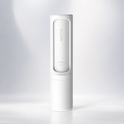 A sleek, white cylindrical device with a vertical rectangular window displaying the word 'CLEAN' and the word 'remove' with a small icon below it, set against a clean, light gray gradient background.