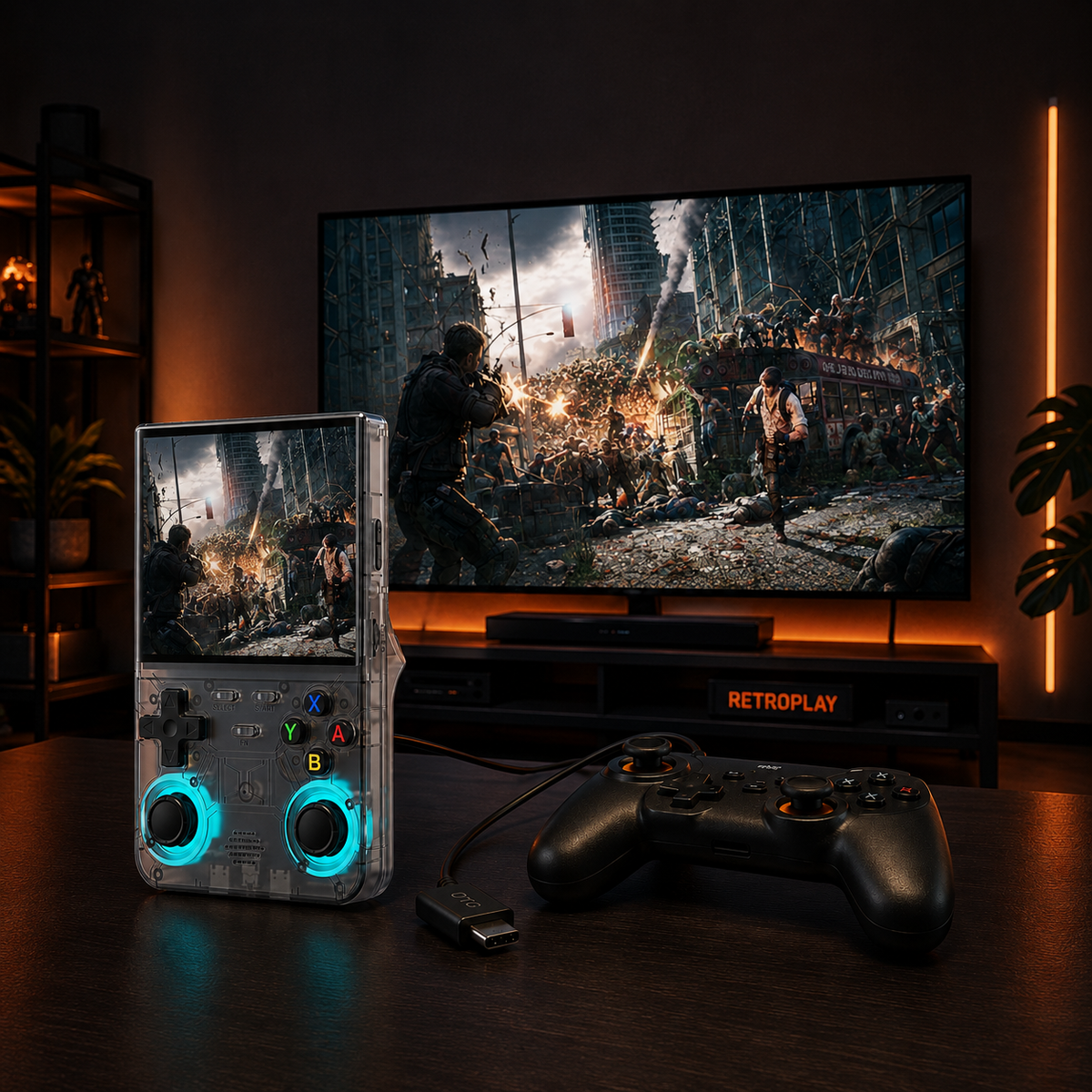 A retro gaming console with a built-in screen and glowing blue controls sits on a dark wooden table next to a black wired controller and a TV displaying a zombie battle scene. The room is dimly lit with warm ambient lighting.