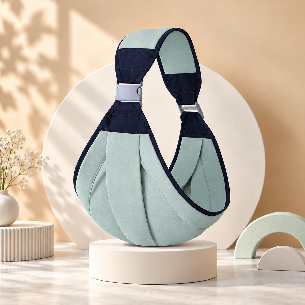 A baby carrier wrap in light mint green and mint green fabric, displayed on a round pedestal in a warm, minimalist studio setting.