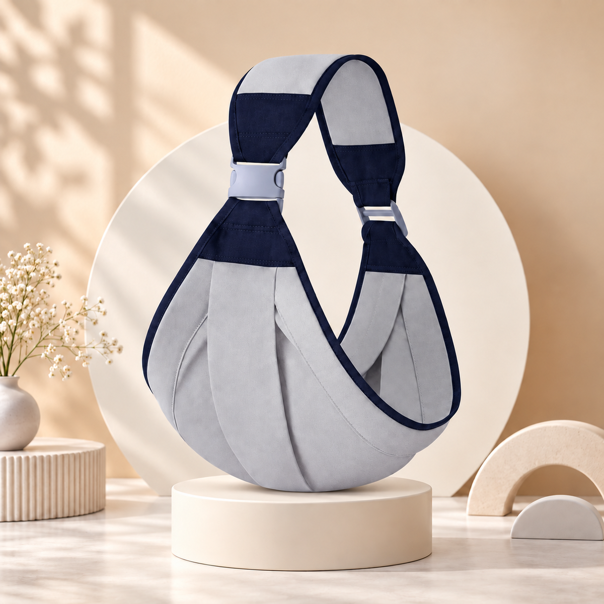 A light gray and navy blue baby wrap carrier displayed on a round beige pedestal in a styled studio setting with soft shadows and decorative props.