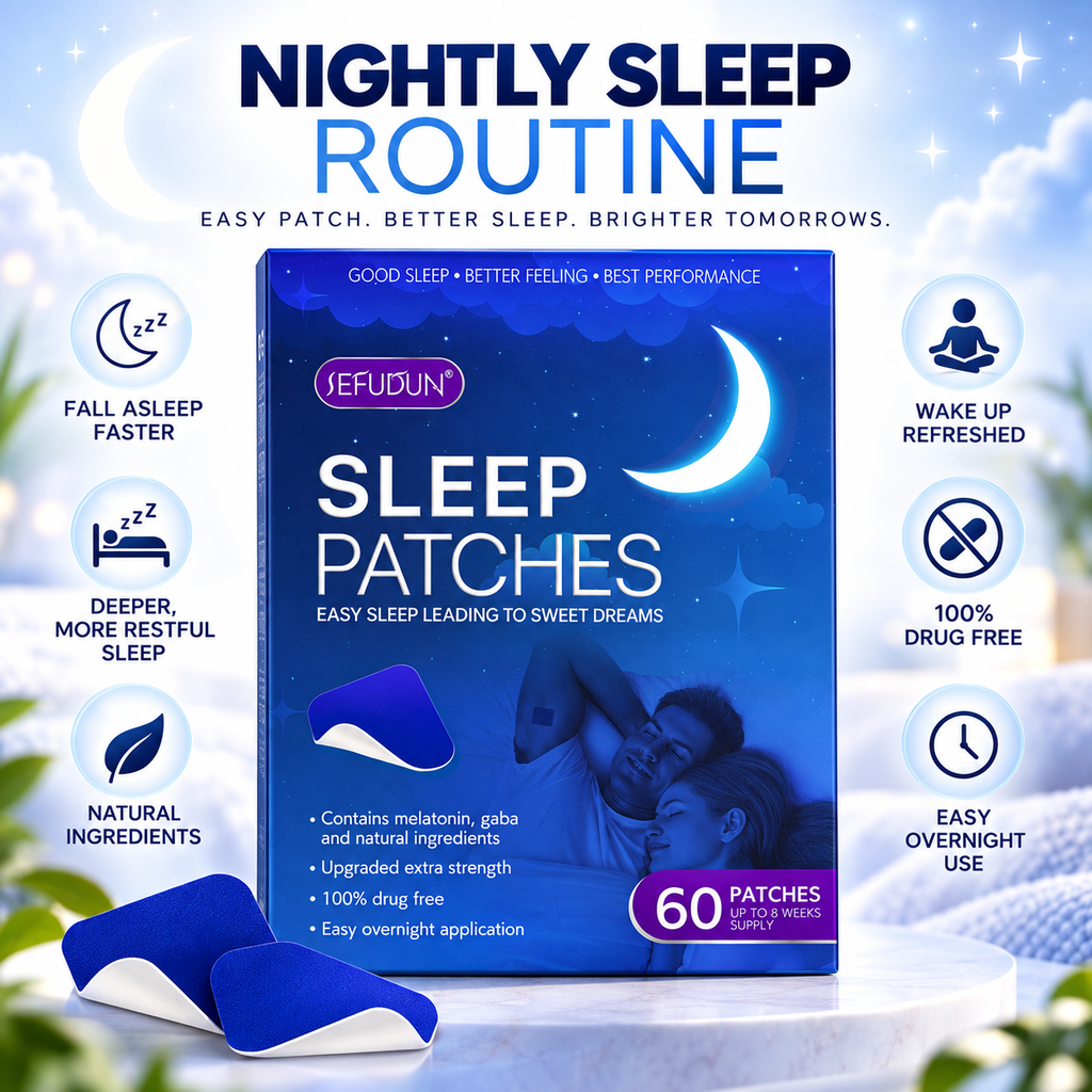 Sleep Patches packaging box in blue with a moon graphic, shown with two blue-and-white patches on a white pedestal. The image includes marketing text and icons about sleep benefits on a light blue cloudy background.
