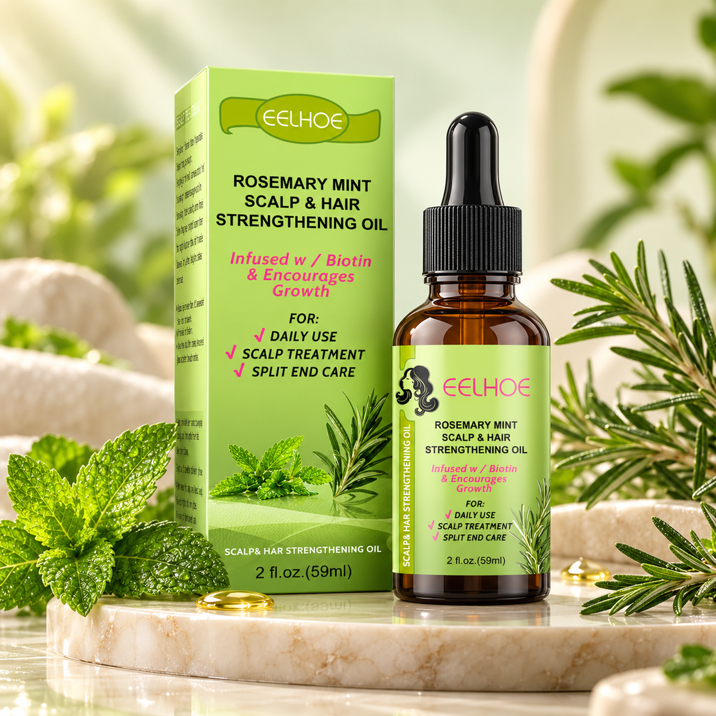 Rosemary Mint Scalp & Hair Strengthening Oil shown with its green box and amber dropper bottle on a marble tray, surrounded by mint leaves and rosemary sprigs.
