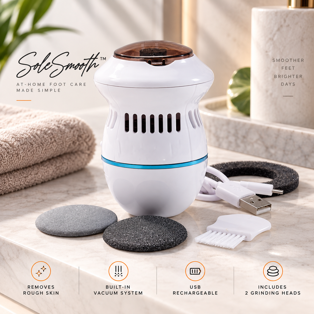 A white SoleSmooth foot care device with a blue accent band and brown top, shown on a marble countertop with a towel, charging cable, brush, and two gray grinding heads. Text overlays describe the features.