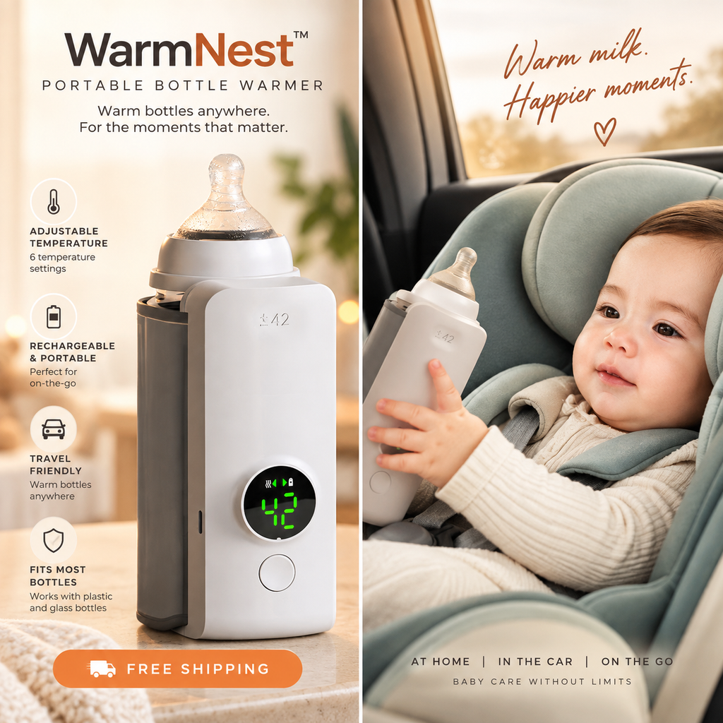 A split promotional image for the WarmNest portable bottle warmer. The left panel shows the product alone on a soft beige background with text callouts about adjustable temperature, rechargeability, portability, and travel friendliness.