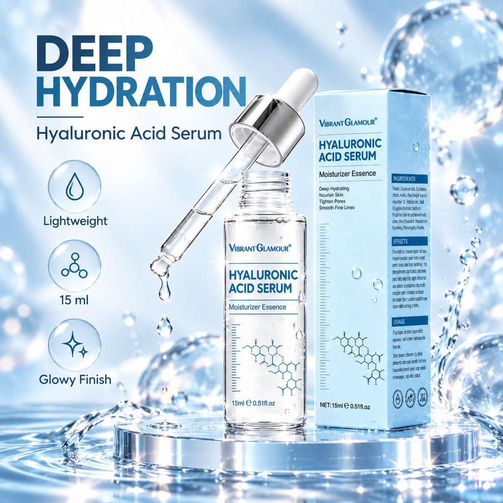 Vibrant Glamloud Hyaluronic Acid Serum in a clear dropper bottle with its matching light blue box, displayed on a reflective silver pedestal with water droplets. The background is a cool blue water splash graphic with text highlighting key benefits: 'DEEP HYDRATION', 'Hyaluronic Acid Serum', 'Lightweight', '15 ml', and 'Glowy Finish'.
