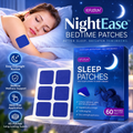 NightEase Bedtime Patches shown with a woman sleeping in bed, a sheet of six blue patches, and the retail box. The scene uses a nighttime bedroom background with moon and stars, plus feature icons for easy routine, bedtime support, mess-free application, and 60 patches long-lasting supply.