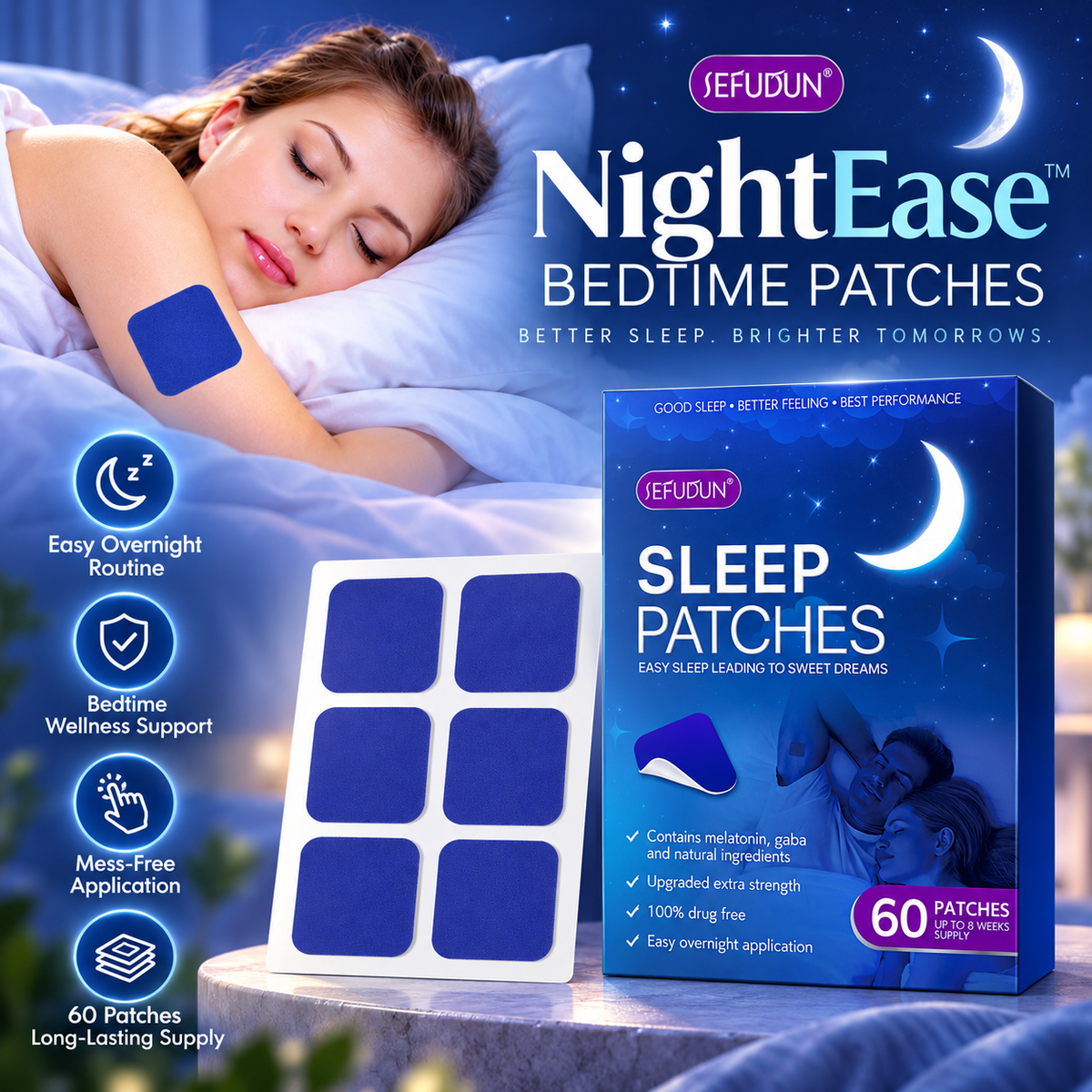 NightEase Bedtime Patches shown with a woman sleeping in bed, a sheet of six blue patches, and the retail box. The scene uses a nighttime bedroom background with moon and stars, plus feature icons for easy routine, bedtime support, mess-free application, and 60 patches long-lasting supply.