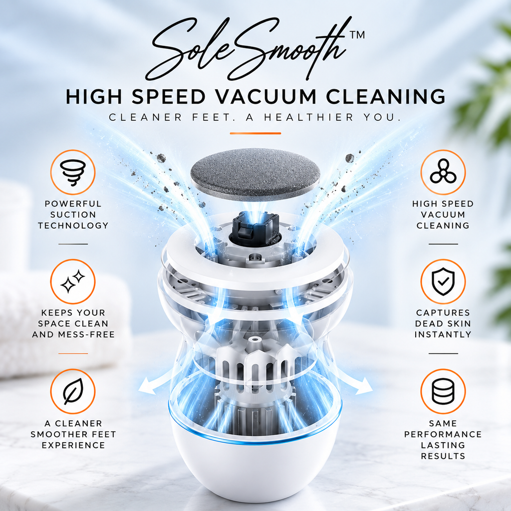 SoleSmooth high speed vacuum cleaning product shown on a marble surface with glowing blue energy effects and text callouts about suction, cleaning, and foot health.