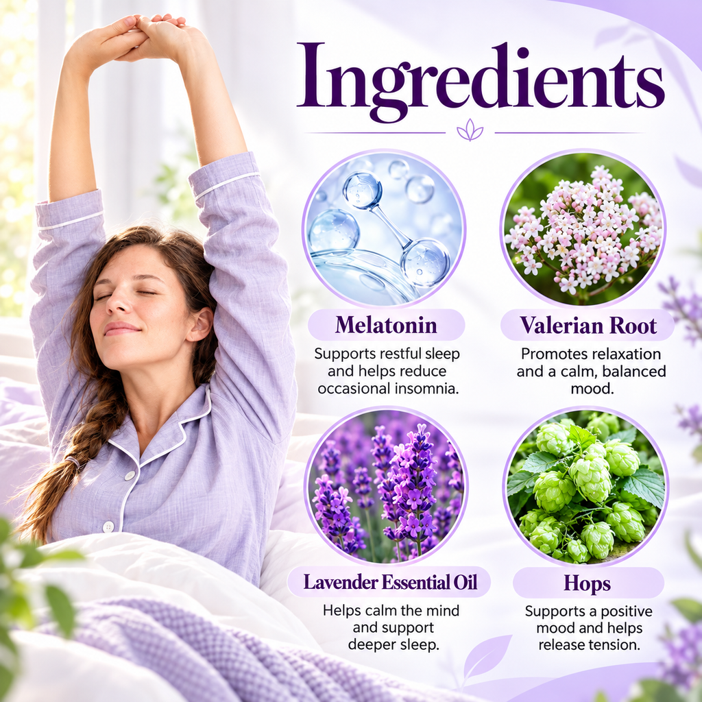 A woman in lavender pajamas stretches in bed under a bright window, with an 'Ingredients' infographic showing four labeled callouts: Melatonin, Valerian Root, Lavender Essential Oil, and Hops. The layout is soft and pastel with purple accents and small ingredient photos.
