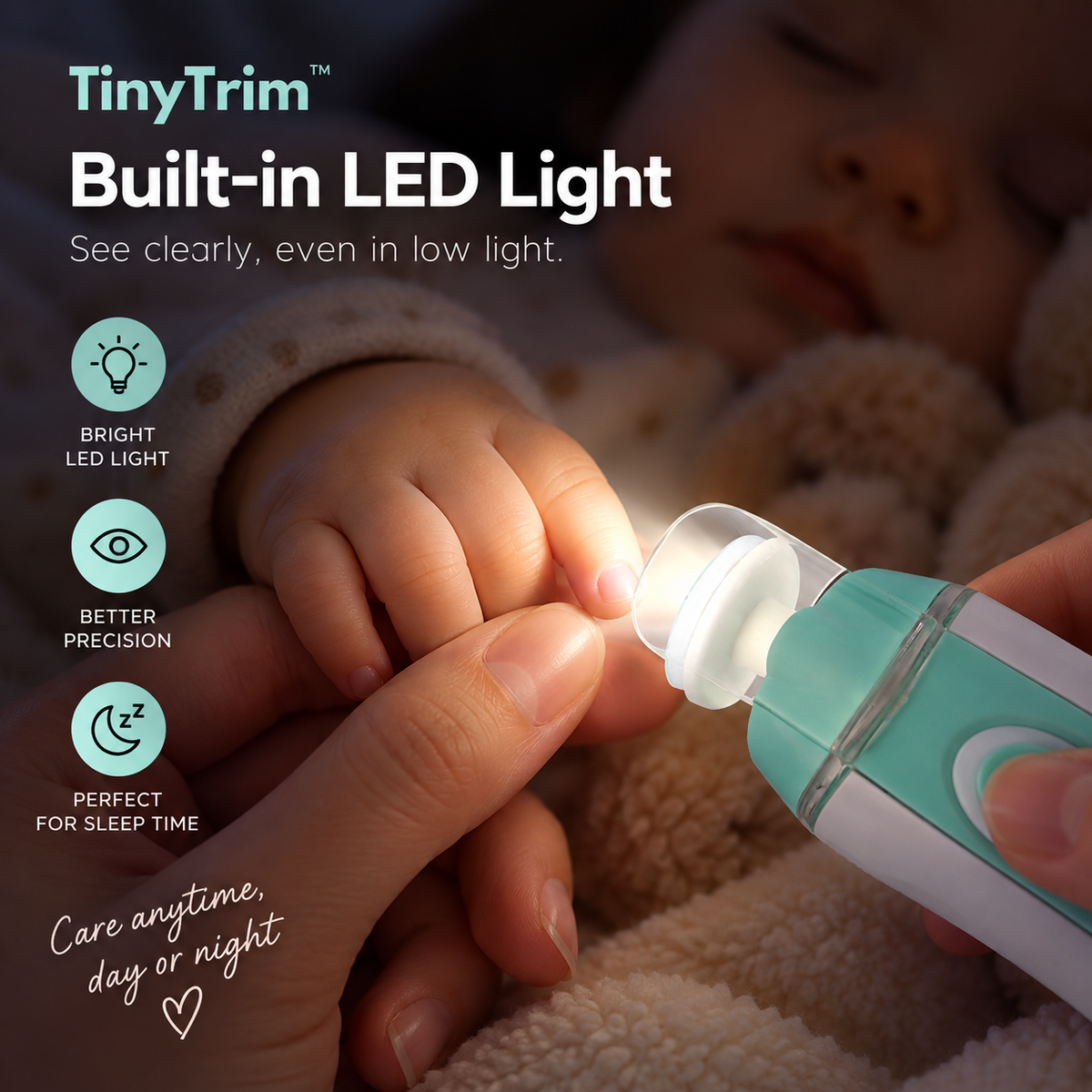 TinyTrim electric baby nail trimmer with built-in LED light for better visibility during nail care
