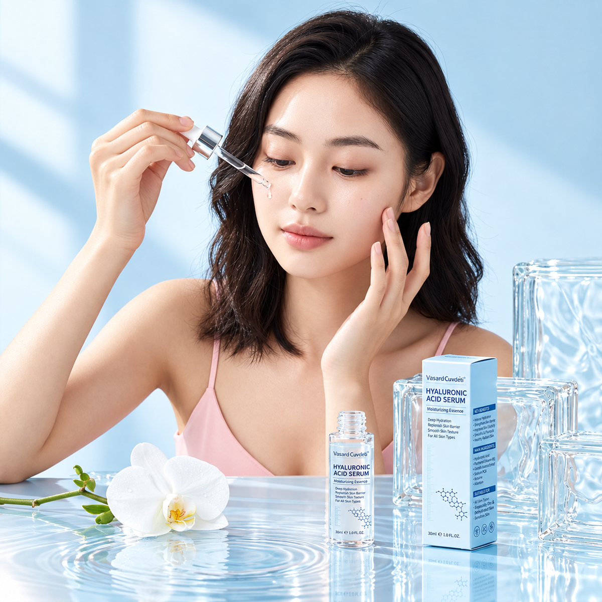 A woman applies a serum dropper to her face while touching her cheek, with a bottle and box of Vitacellulose Acid Serum on a reflective light blue surface next to a white orchid flower.