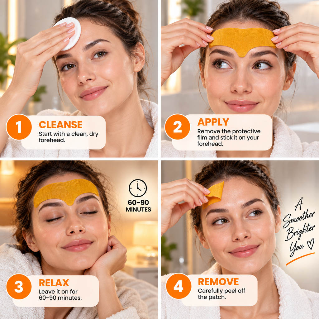 Four-panel instructional graphic showing a woman demonstrating the use of a yellow forehead patch: cleansing with a cotton pad, applying the patch, relaxing for 60-90 minutes, and peeling off the patch. Text labels each step, and a small script quote appears on the right.