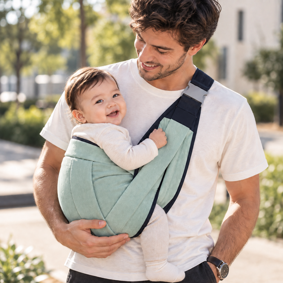 A man outdoors carrying a baby in a mint green and navy blue wrap-style baby carrier worn across his chest.
