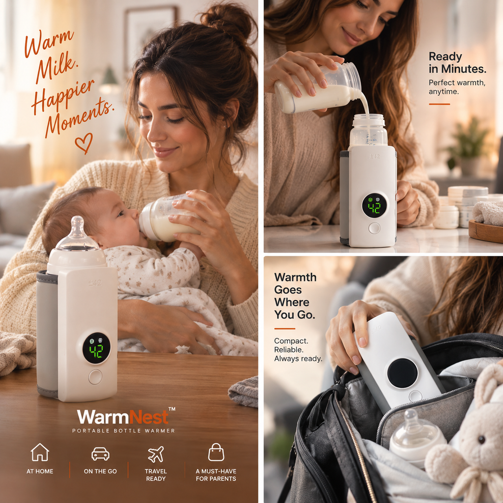 A collage showing a portable bottle warmer in use by a woman holding a baby and pouring milk. The product is a compact white electric bottle warmer with a circular digital temperature display, shown both handheld and inside a bag.