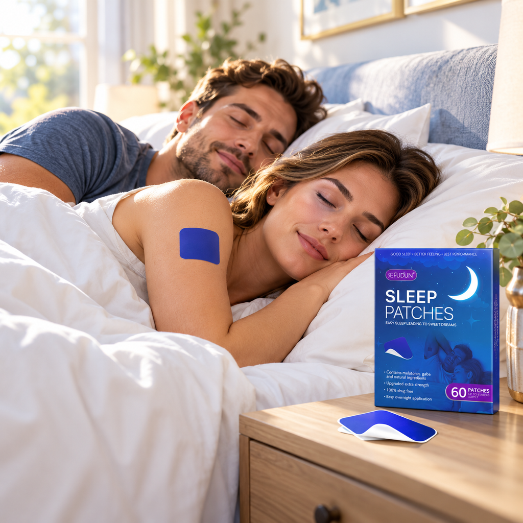 A couple lying in bed next to a nightstand with a box of blue sleep patches and one patch applied to the woman's upper arm. The box reads Sleep Patches' and '60 Patches'.