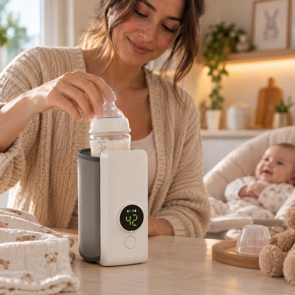 A woman in a beige cardigan uses a white and gray electric bottle warmer with a digital display to heat a baby bottle. A baby is visible in a cream baby chair in the softly lit background of a warm, modern nursery.
