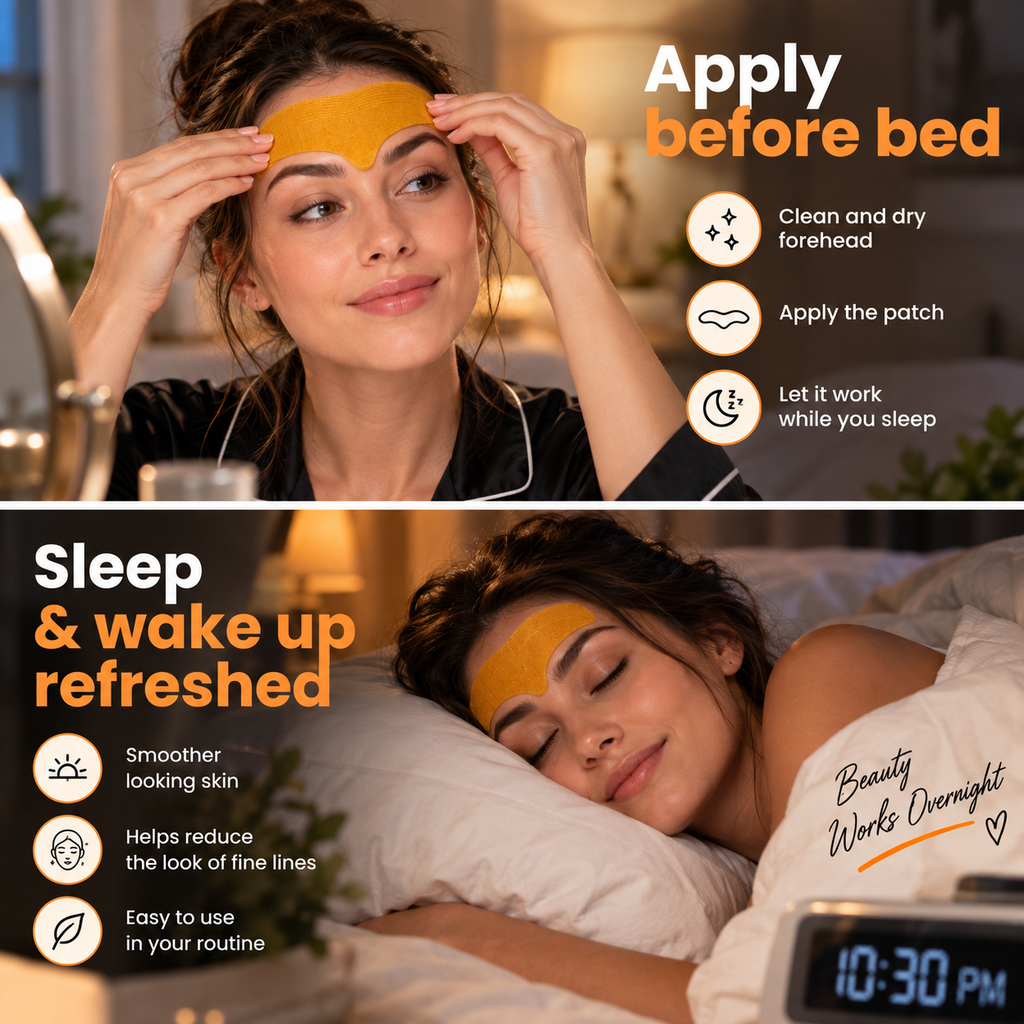 A split-screen promotional graphic showing a woman applying and using a yellow forehead patch. The top panel shows her applying the patch before bed with text instructions, and the bottom panel shows her sleeping refreshed with text benefits.