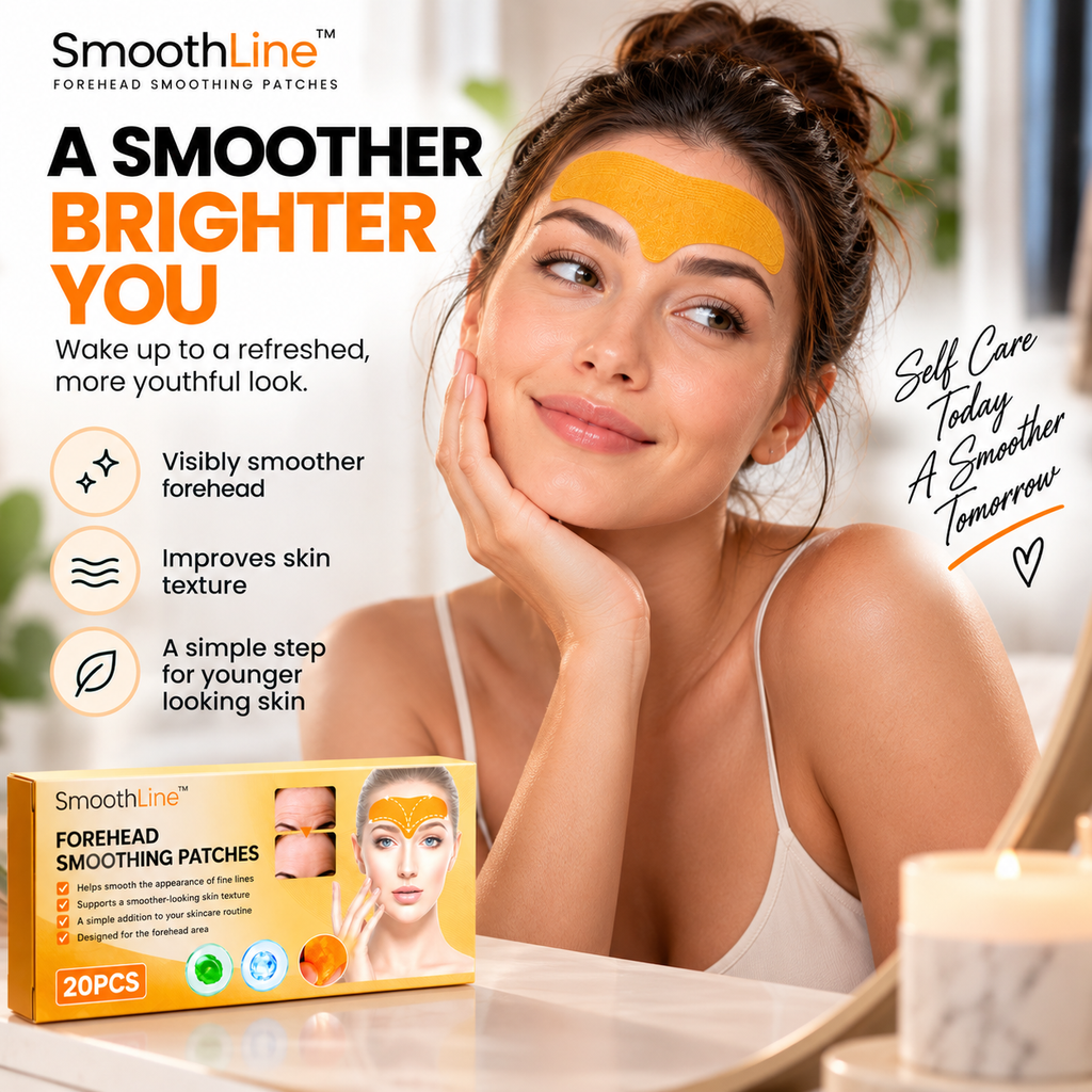 A promotional ad for SmoothLine Forehead Smoothing Patches showing a woman with a yellow patch applied to her forehead, alongside the product box and marketing text.