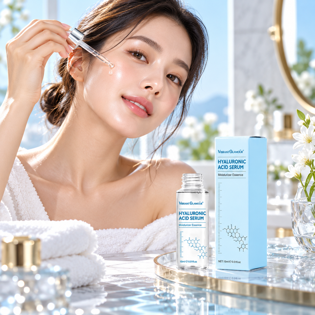 A woman in a white robe applies hyaluronic acid serum from a dropper bottle to her face, with the Vianer Quanlei Hyaluronic Acid Serum bottle and its light blue box on a reflective vanity table.