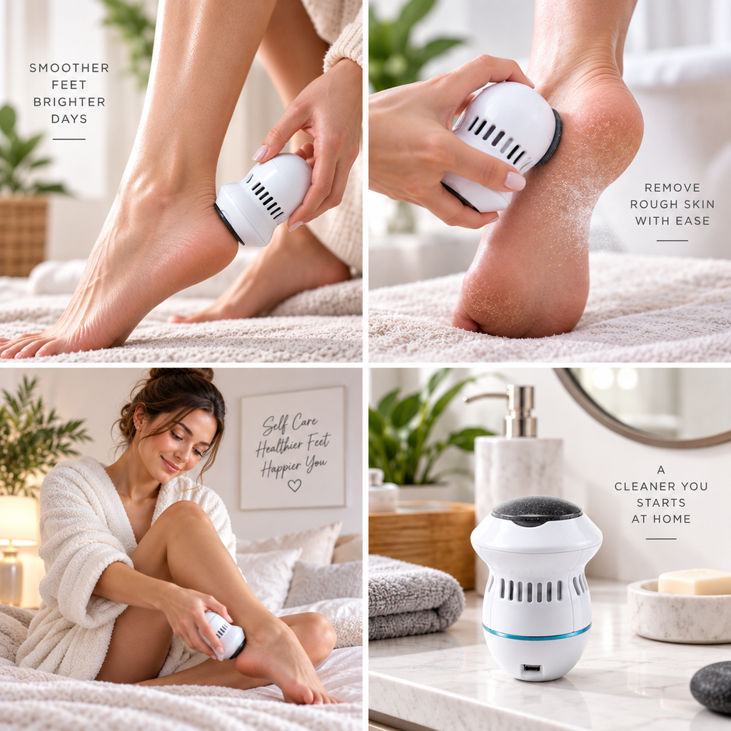A four-panel collage showing a white foot care device being used on a person's foot in a bathroom and bedroom setting, with text overlays about smoother feet and brighter days, plus a standalone view of the device on a countertop.
