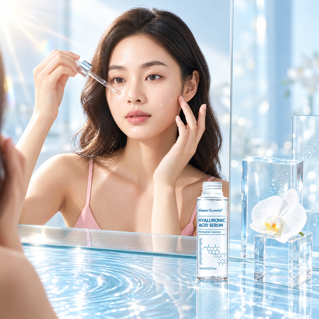 A woman applies a skincare serum from a dropper to her face while looking into a mirror. The product bottle labeled 'HYALURONIC ACID SERUM' sits on the counter beside a white orchid flower, with a bright, airy bathroom setting in the background.